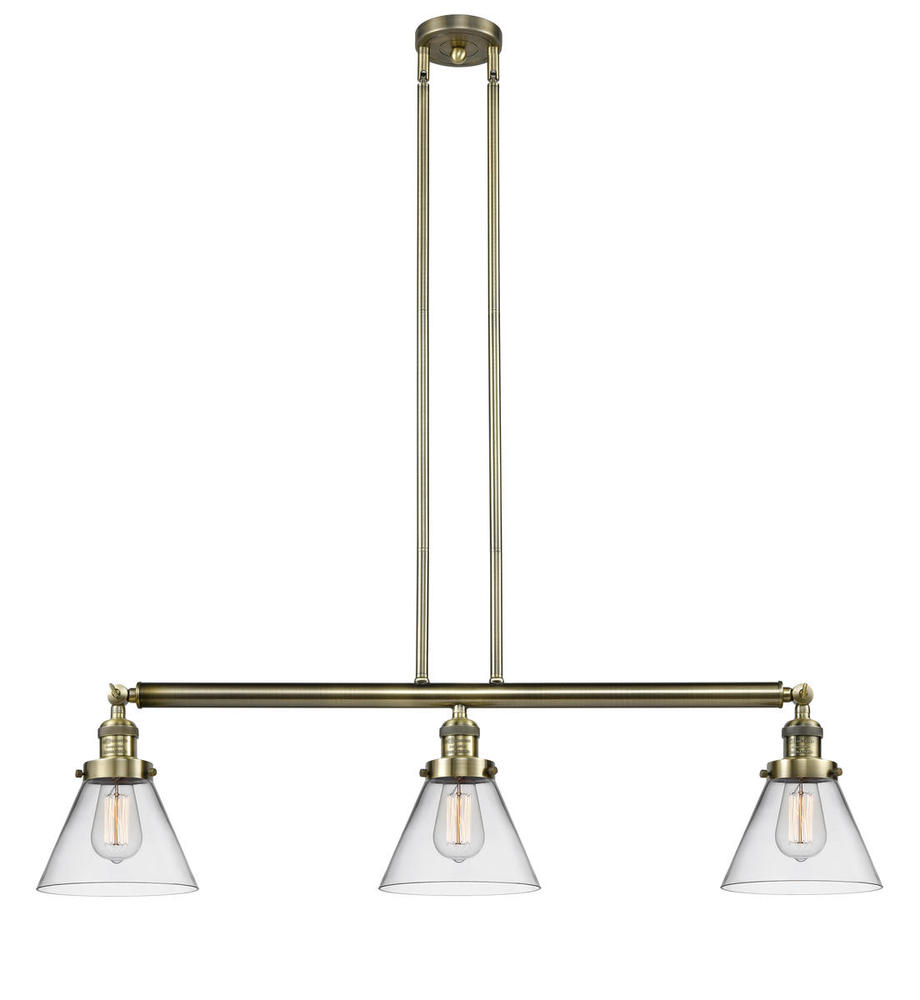 Cone - 3 Light - 40 inch - Antique Brass - Stem Hung - Adjustable Island Light