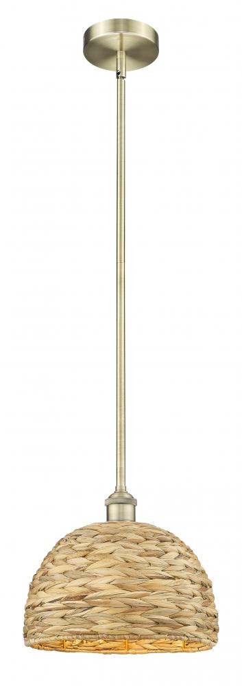 Woven Rattan - 1 Light - 12 inch - Antique Brass - Stem hung - Mini Pendant