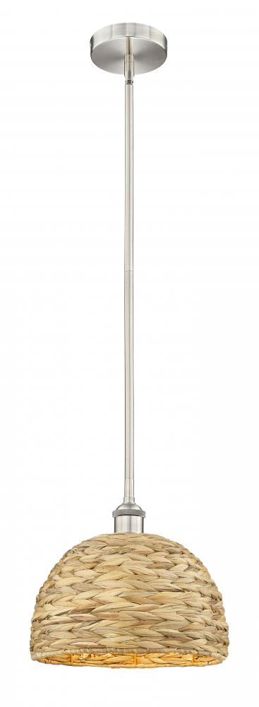 Woven Rattan - 1 Light - 12 inch - Brushed Satin Nickel - Stem hung - Mini Pendant
