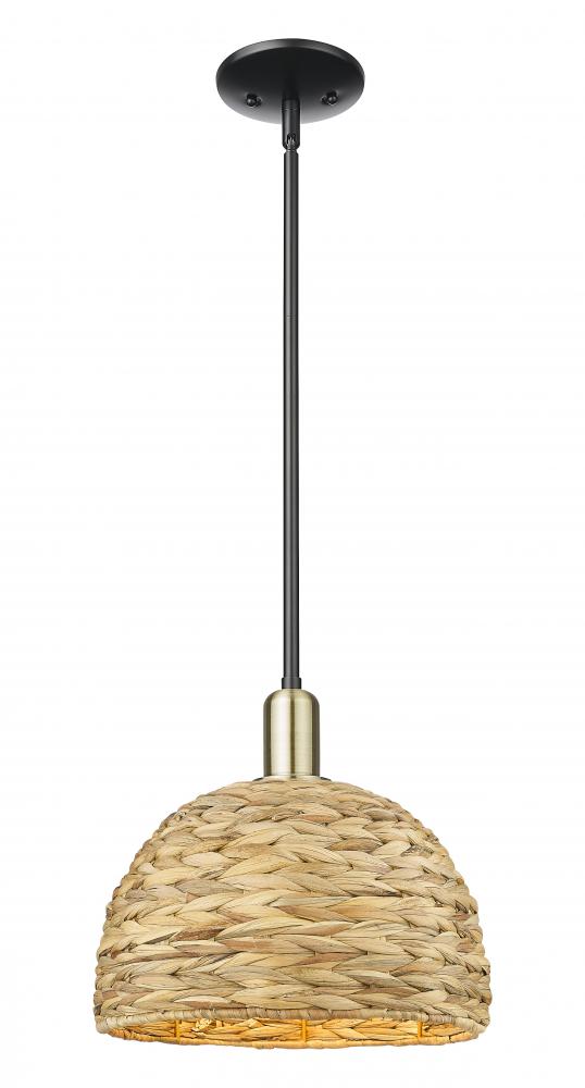 Woven Rattan - 1 Light - 12 inch - Black Antique Brass - Stem hung - Mini Pendant