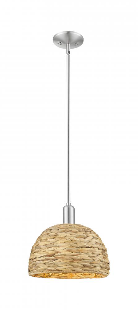Woven Rattan - 1 Light - 12 inch - Brushed Satin Nickel - Stem hung - Mini Pendant