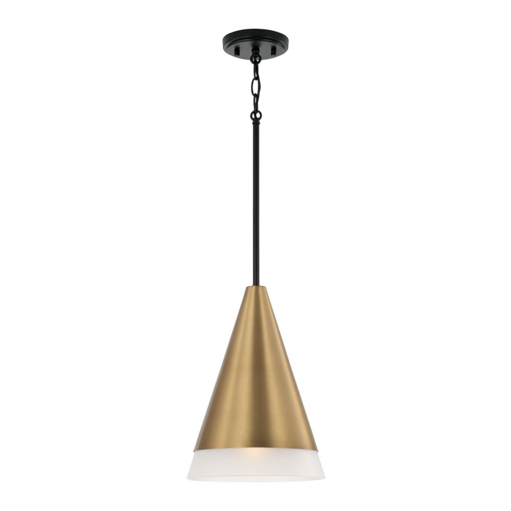 1-Light Cone Pendant in Black with Aged Brass and Soft White Glass Shade