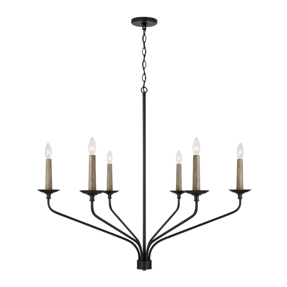6-Light Chandelier in Matte Black with Interchangeable Faux Wood or Matte Black Candle Sleeves