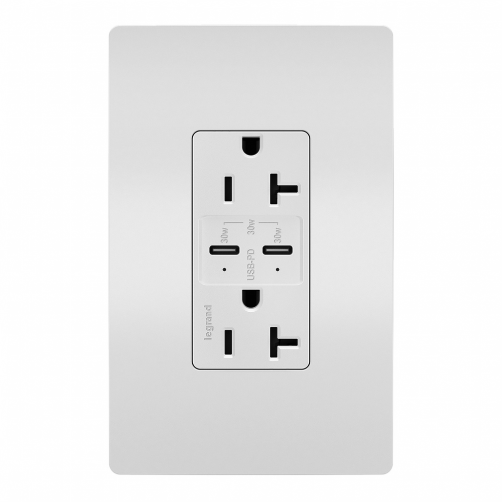 radiant 20A Tamper Resistant Ultra Fast PLUS Power Delivery USB Type C/C Outlet, White