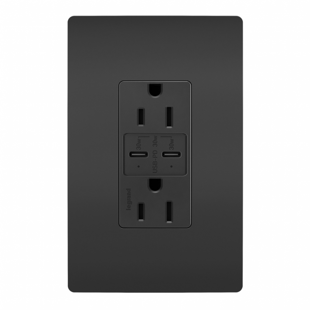 radiant 15A Tamper Resistant Ultra Fast PLUS Power Delivery USB Type C/C Outlet, Black