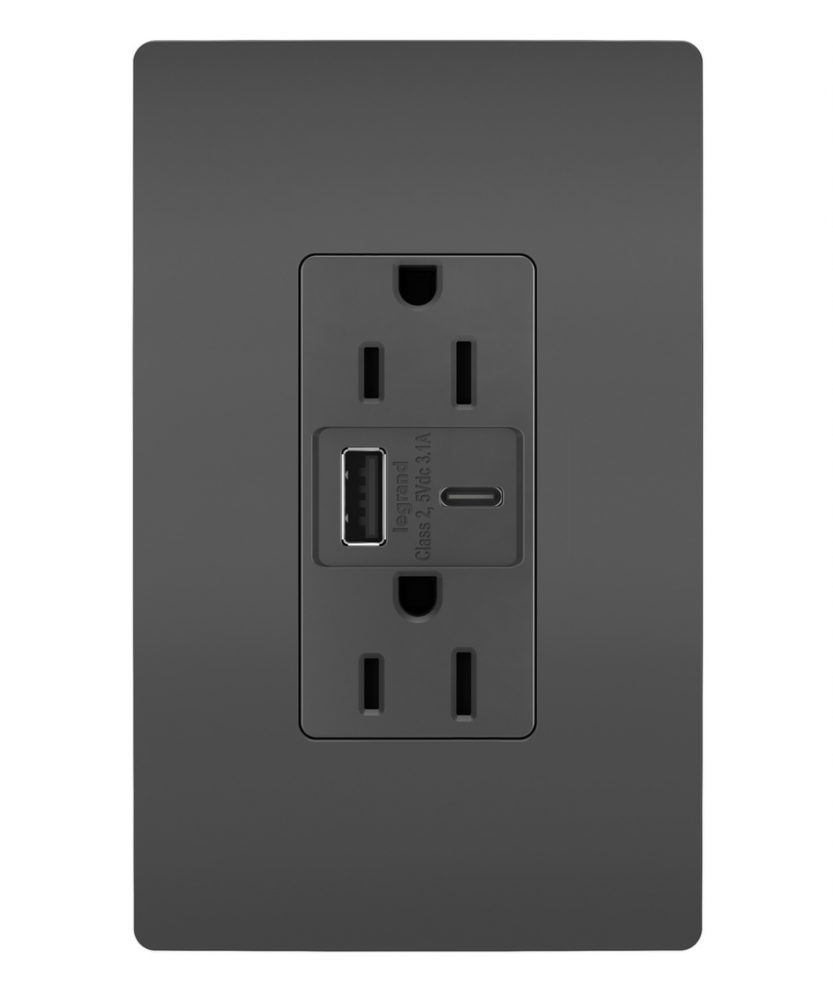 radiant 15A Tamper-Resistant USB Type A/C Outlet, Black
