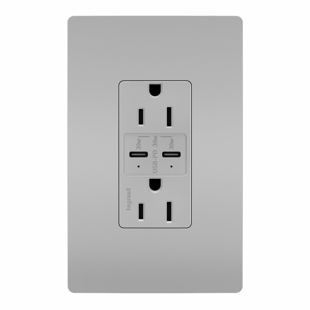 radiant 15A Tamper Resistant Ultra Fast PLUS Power Delivery USB Type C/C Outlet, Gray