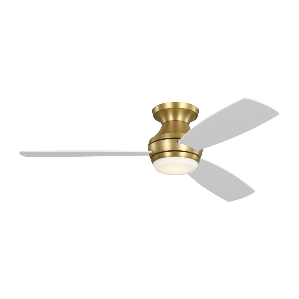 Ikon 52 Hugger LED Ceiling Fan in Burnished Brass with Matte White Blades and Light Kit