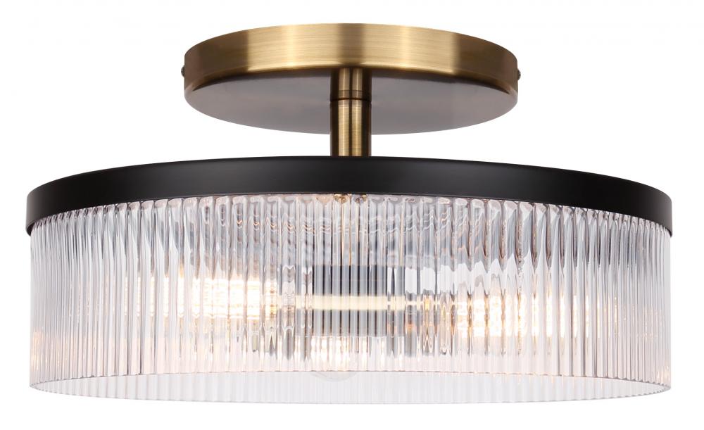 JENNER 15 in. 3-Light Contemporary Matte Black and Gold Semi-Flush Mount with Clear Ribbed Glass