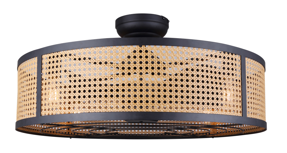 BELLAMY 30-inch Ceiling Fan Matte Black Finish with Rattan Shade and Light Kit