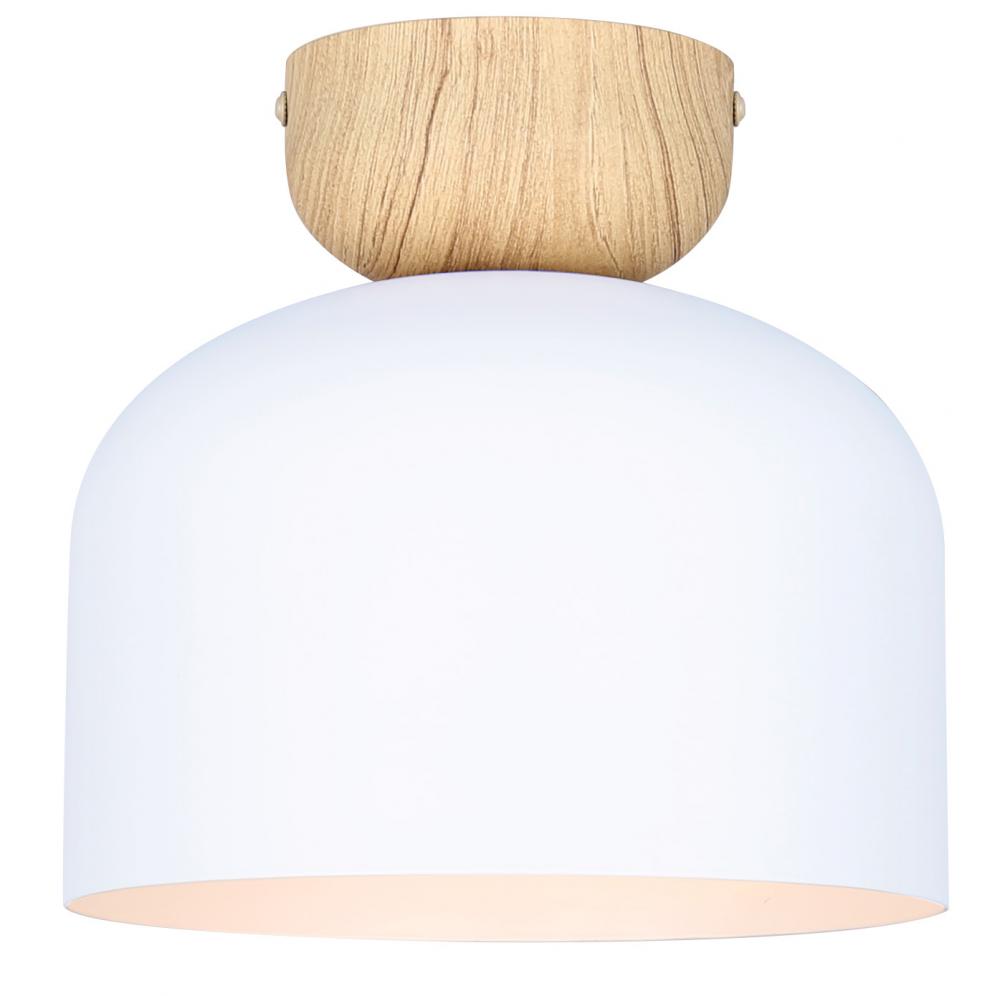 CALEB 1-Light Contemporary Flush Mount Ceiling Light, Matte White Metal Shade Shade Wood Accents