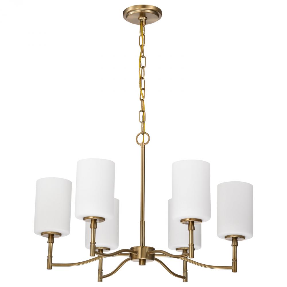 Liam; 6 Light Chandelier; Burnished Brass; White Opal Glass