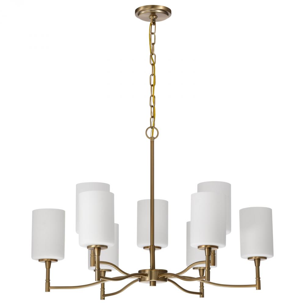 Liam; 9 Light Chandelier; Burnished Brass; White Opal Glass