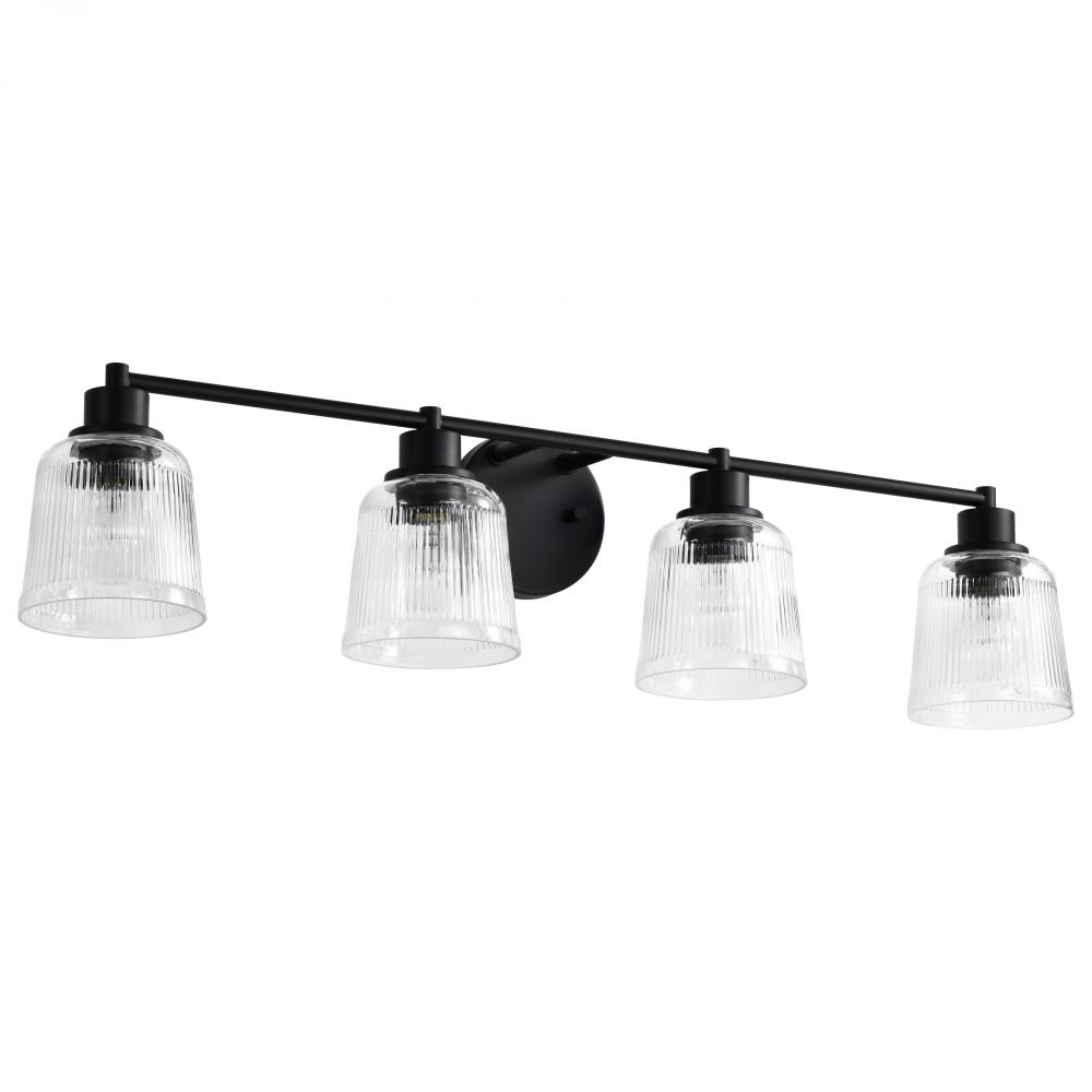 Grayson; 4 Light Vanity; Matte Black Finish; Clear Ribbed Glass