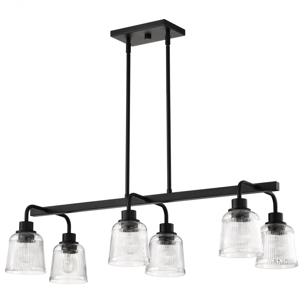 Grayson; 6 Light Island Pendant; Matte Black Finish; Clear Ribbed Glass